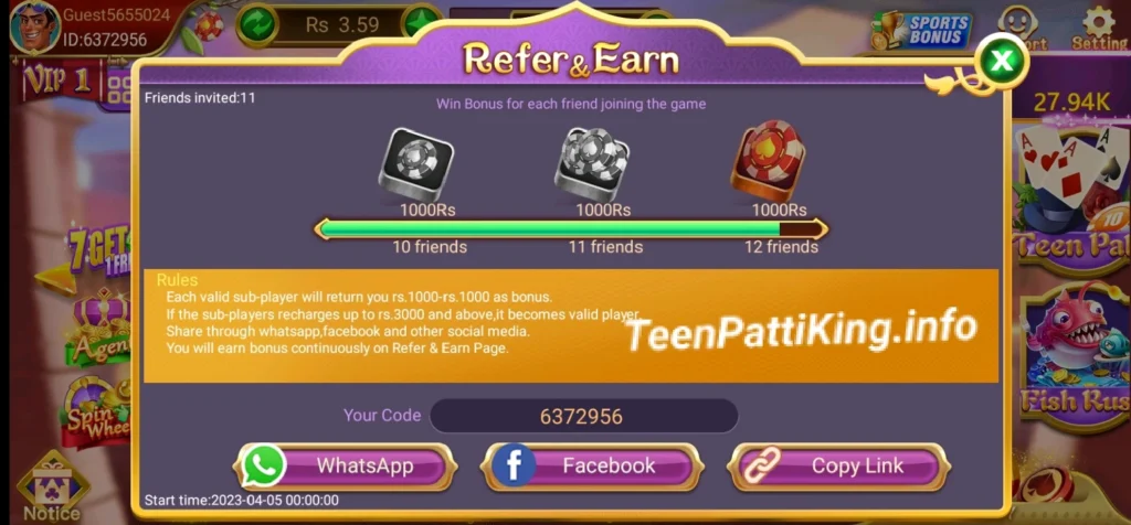 3 Patti King Referral Rewards